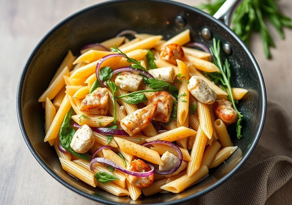 Pasta met witlof, peer, makreel en pijnboompitjes, AI-gegenereerde illustratie