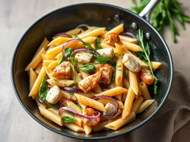 Pasta met witlof, peer, makreel en pijnboompitjes — AI-gegenereerde illustratie