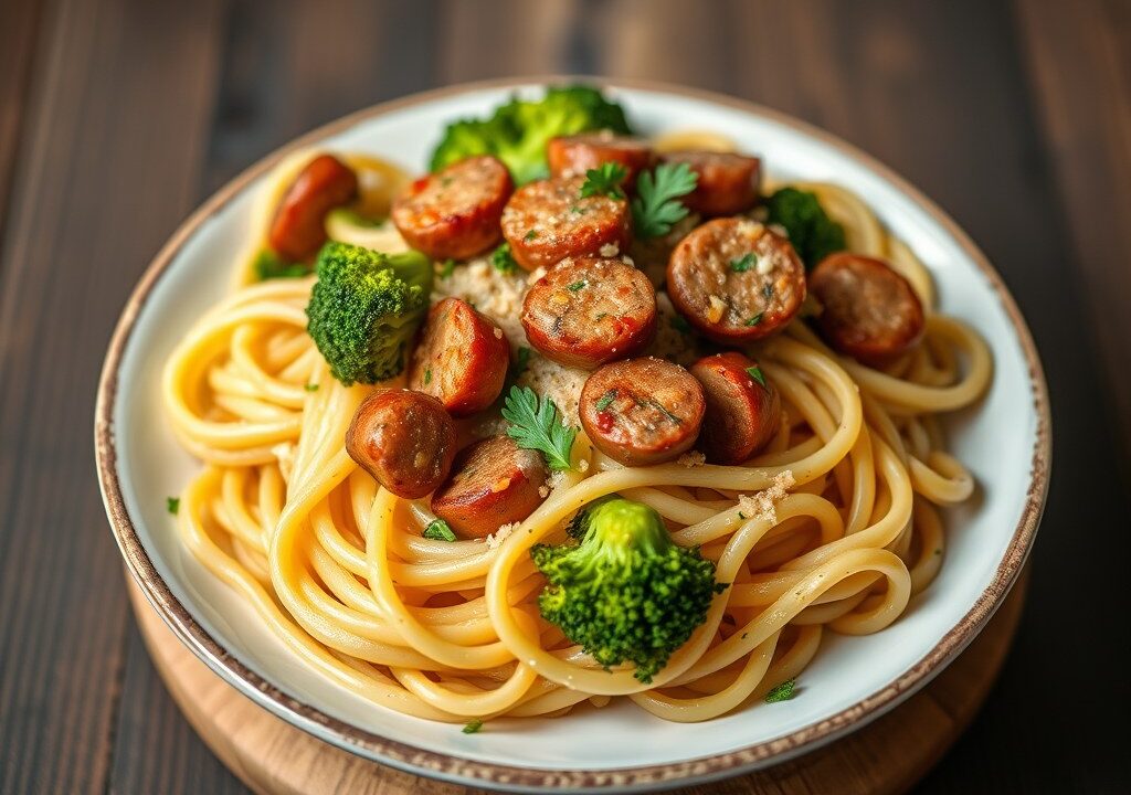 Pasta met worst en broccoli — AI-gegenereerde illustratie