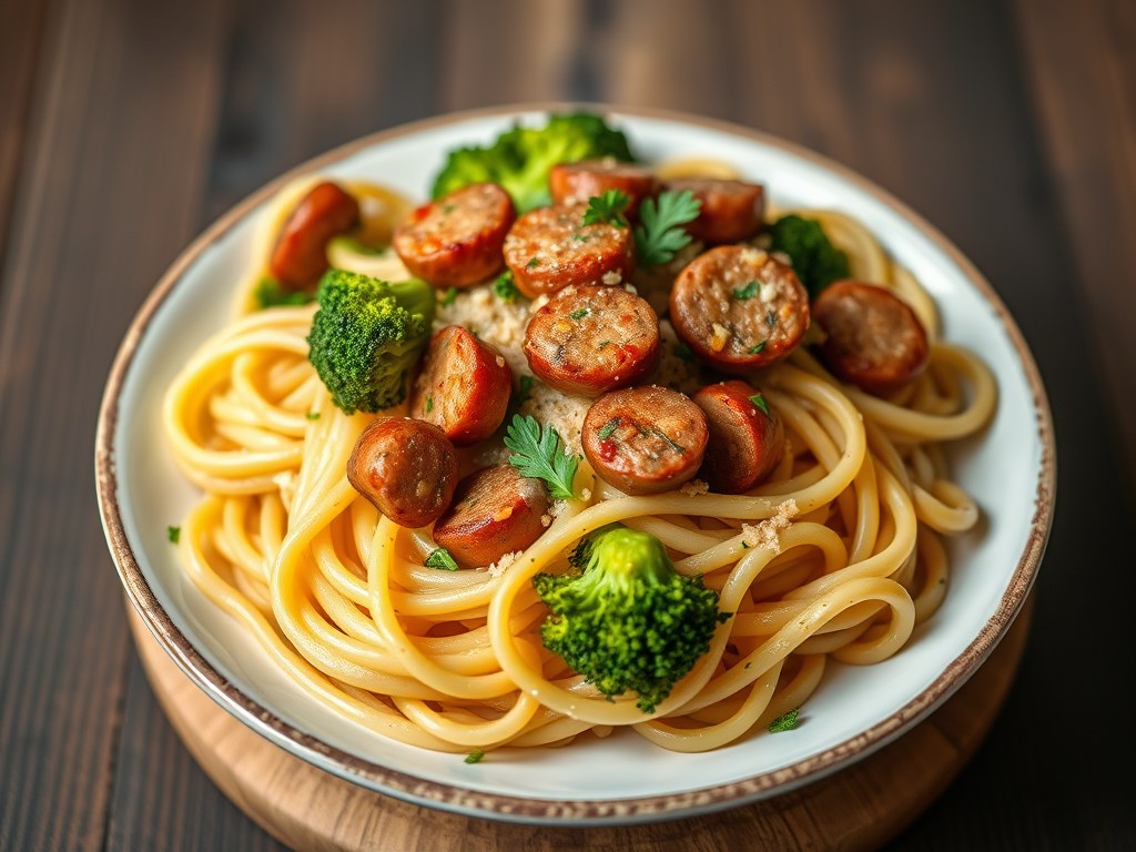 Pasta met worst en broccoli, AI-gegenereerde illustratie