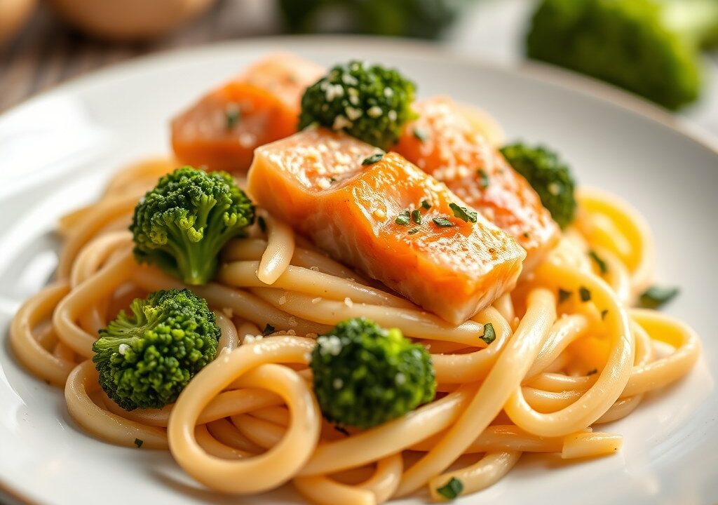 Pasta met zalm en broccoli — AI-gegenereerde illustratie