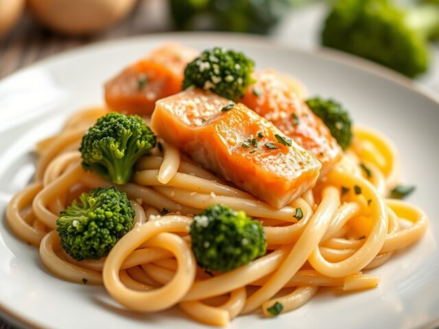 Pasta met zalm en broccoli — AI-gegenereerde illustratie