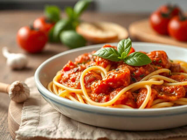 Pasta-ovenschotel met pizzasaus — AI-gegenereerde illustratie