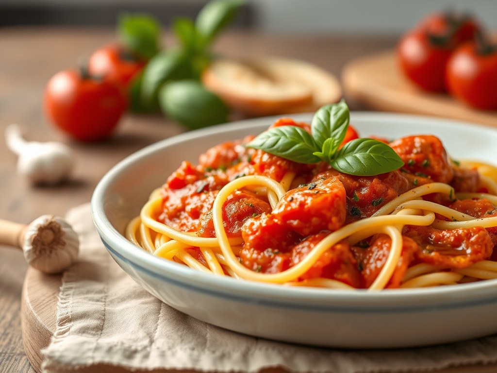 Pasta-ovenschotel met pizzasaus, AI-gegenereerde illustratie