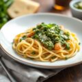 Pasta pesto met crispy aardappel