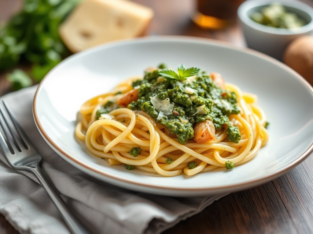 Pasta pesto met crispy aardappel, AI-gegenereerde illustratie