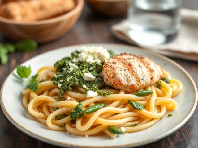 Pasta pesto met kipfilet — AI-gegenereerde illustratie