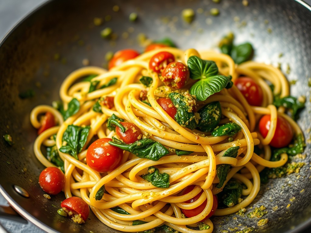 Pasta pesto op bourgondische wijze, AI-gegenereerde illustratie