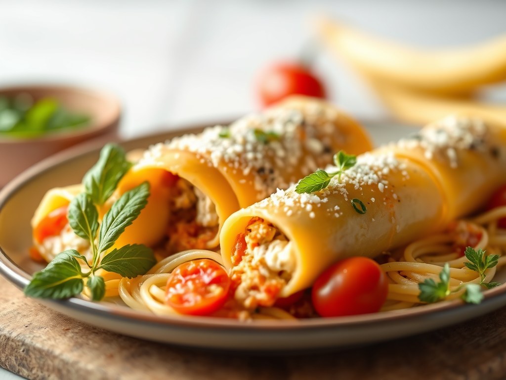 Pasta pijpjes cq rolletjes met kip (cannelloni), AI-gegenereerde illustratie