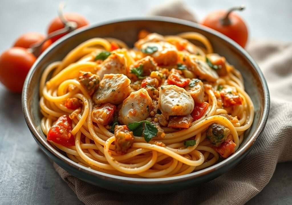 Pasta (spaghetti en castellani) in kip en groentesaus — AI-gegenereerde illustratie