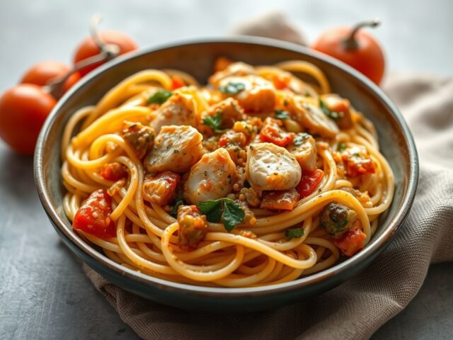 Pasta (spaghetti en castellani) in kip en groentesaus — AI-gegenereerde illustratie