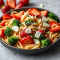 Pastasalade met aardbeien, cervelaat en ananas