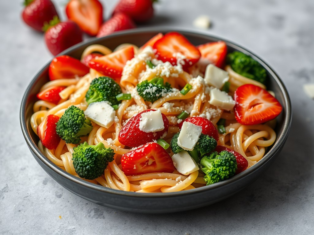 Pastasalade met aardbeien, cervelaat en ananas, AI-gegenereerde illustratie
