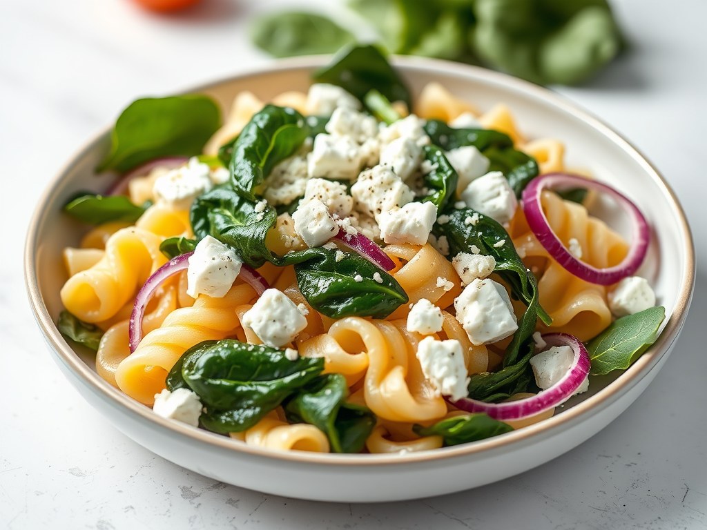 Pastasalade met feta en spinazie, AI-gegenereerde illustratie