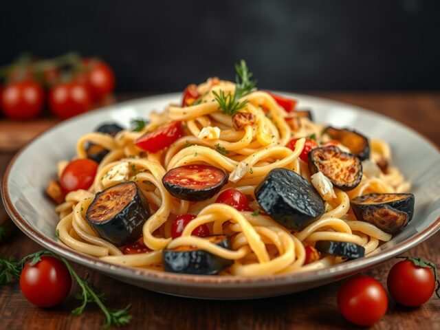 Pastasalade met geroosterde groenten — AI-gegenereerde illustratie