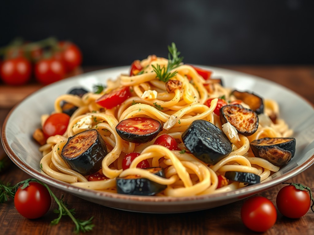 Pastasalade met geroosterde groenten, AI-gegenereerde illustratie