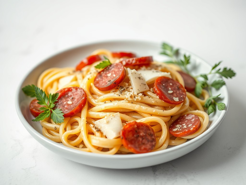 Pastasalade met Italiaanse salami, AI-gegenereerde illustratie