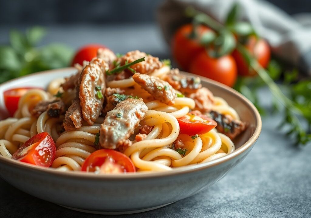 Pastasalade met palingfilet, AI-gegenereerde illustratie