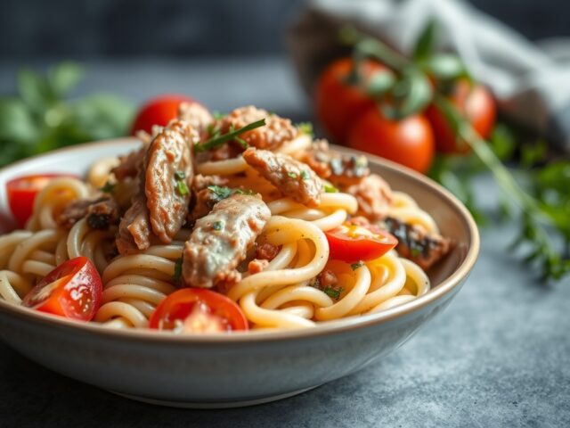 Pastasalade met palingfilet — AI-gegenereerde illustratie