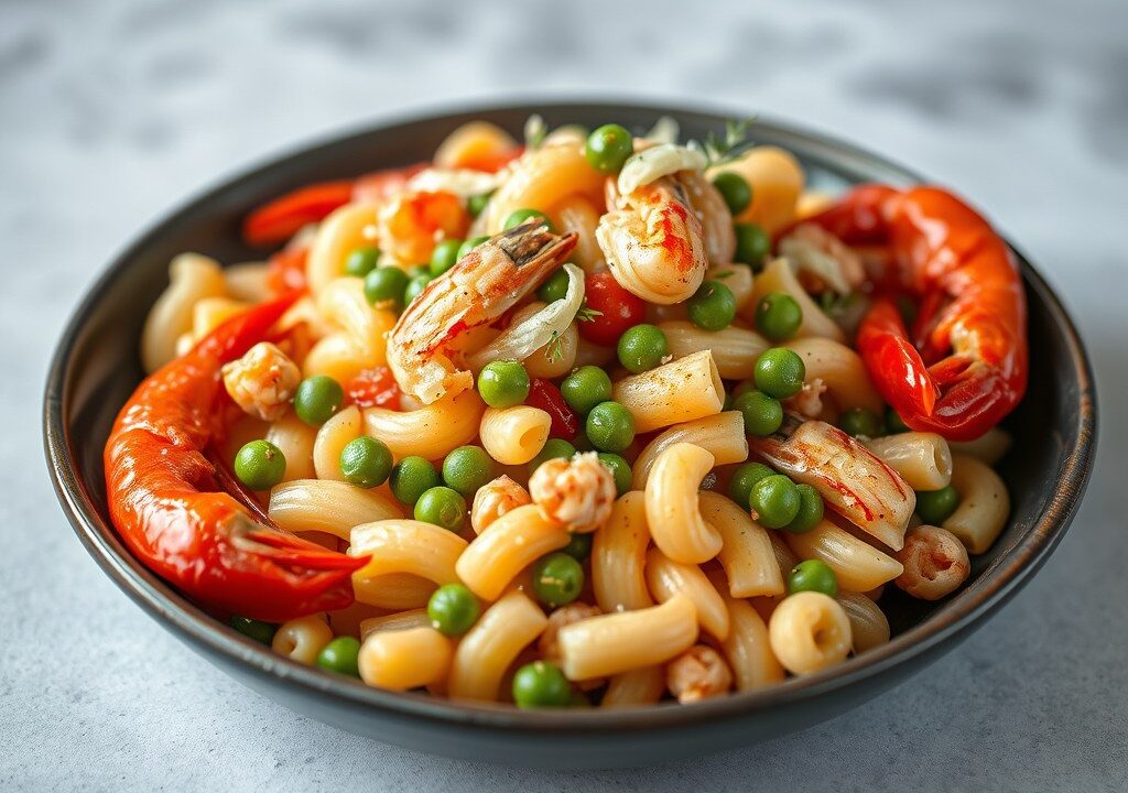 Pastasalade met paprikacoulis, erwten en scampis — AI-gegenereerde illustratie