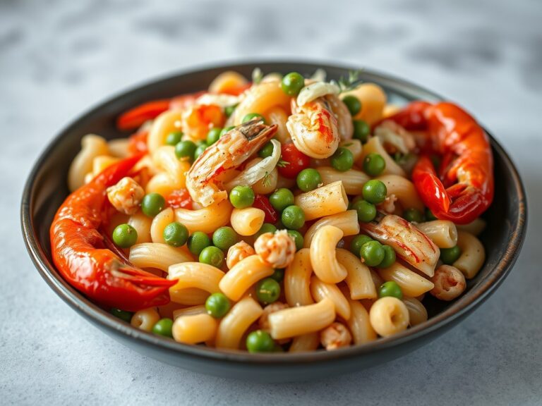 Pastasalade met paprikacoulis, erwten en scampis — AI-gegenereerde illustratie