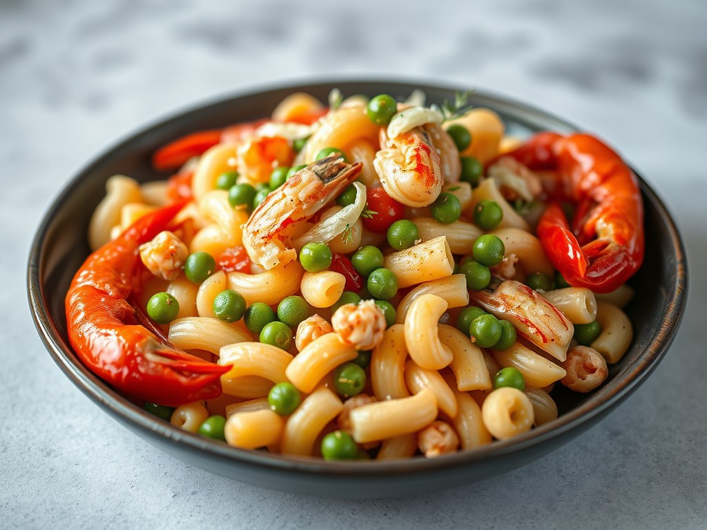 Pastasalade met paprikacoulis, erwten en scampis, AI-gegenereerde illustratie