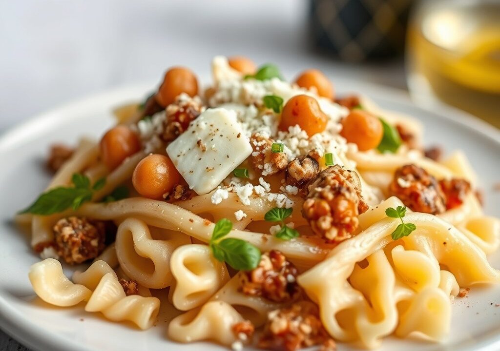 Pastasalade met pecorino, rivierkreeft en truffel — AI-gegenereerde illustratie