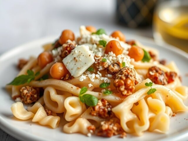 Pastasalade met pecorino, rivierkreeft en truffel — AI-gegenereerde illustratie