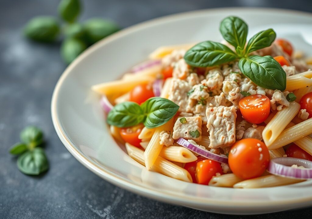 Pastasalade met tonijn & basilicum — AI-gegenereerde illustratie