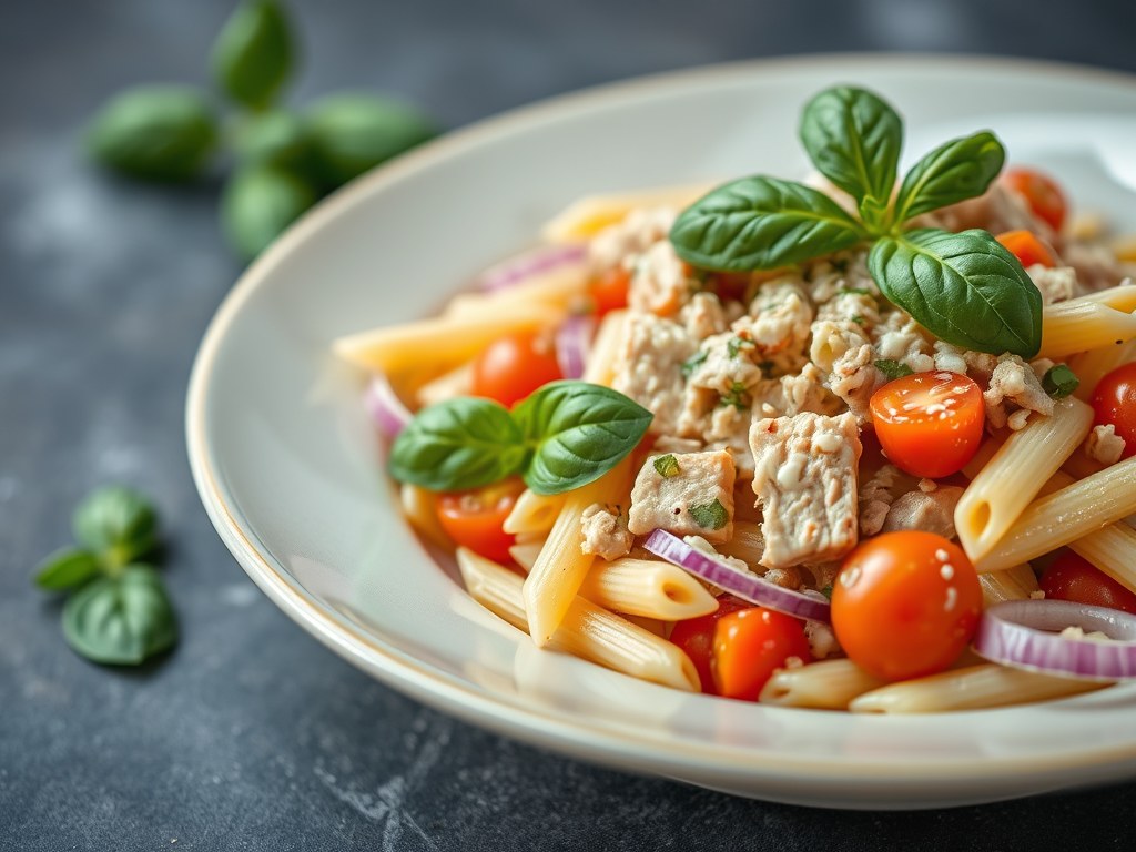 Pastasalade met tonijn & basilicum, AI-gegenereerde illustratie