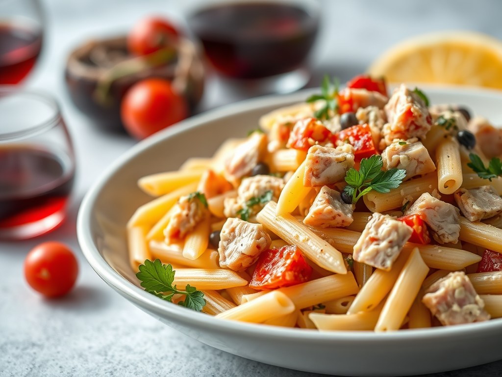 Pastasalade met tonijn, artisjok en kapperappeltjes, AI-gegenereerde illustratie
