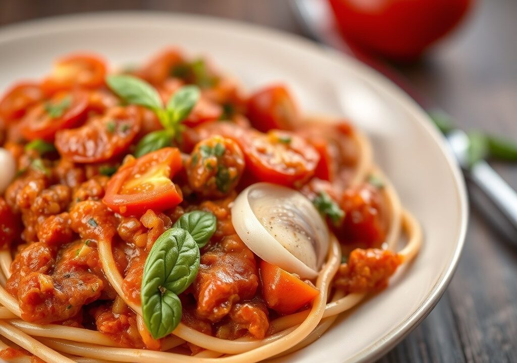 Pastasaus met tomaten en tuinbonen, AI-gegenereerde illustratie