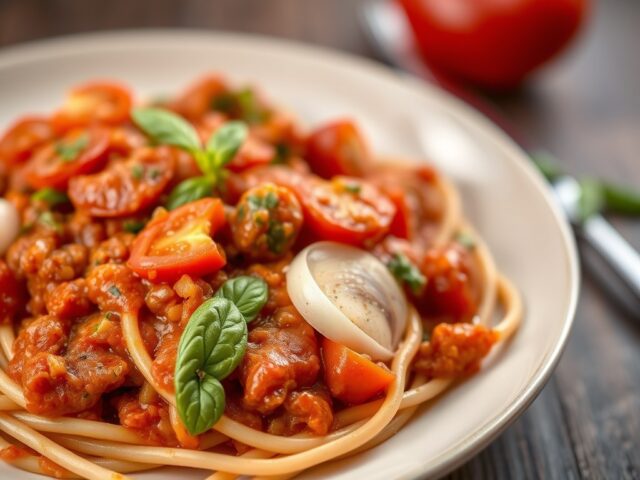 Pastasaus met tomaten en tuinbonen — AI-gegenereerde illustratie