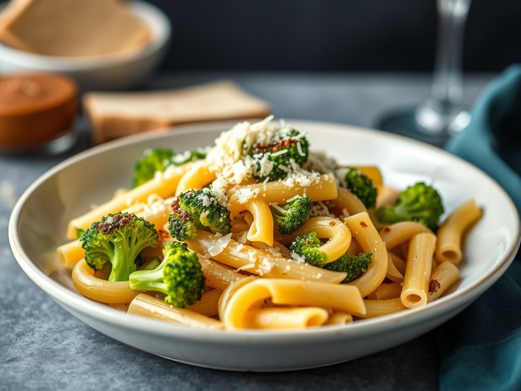 Pastaschotel met broccoli en kruidenroomkaas, AI-gegenereerde illustratie