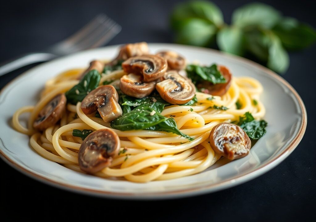 Pastaschotel met paddenstoelen en spinazie — AI-gegenereerde illustratie