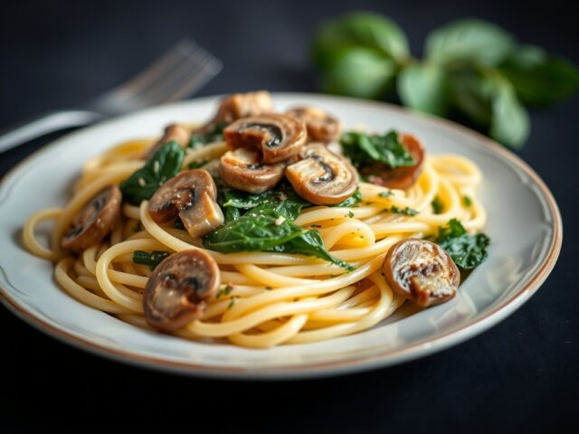 Pastaschotel met paddenstoelen en spinazie — AI-gegenereerde illustratie