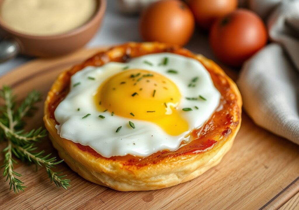 Pasteibakje met ei, AI-gegenereerde illustratie