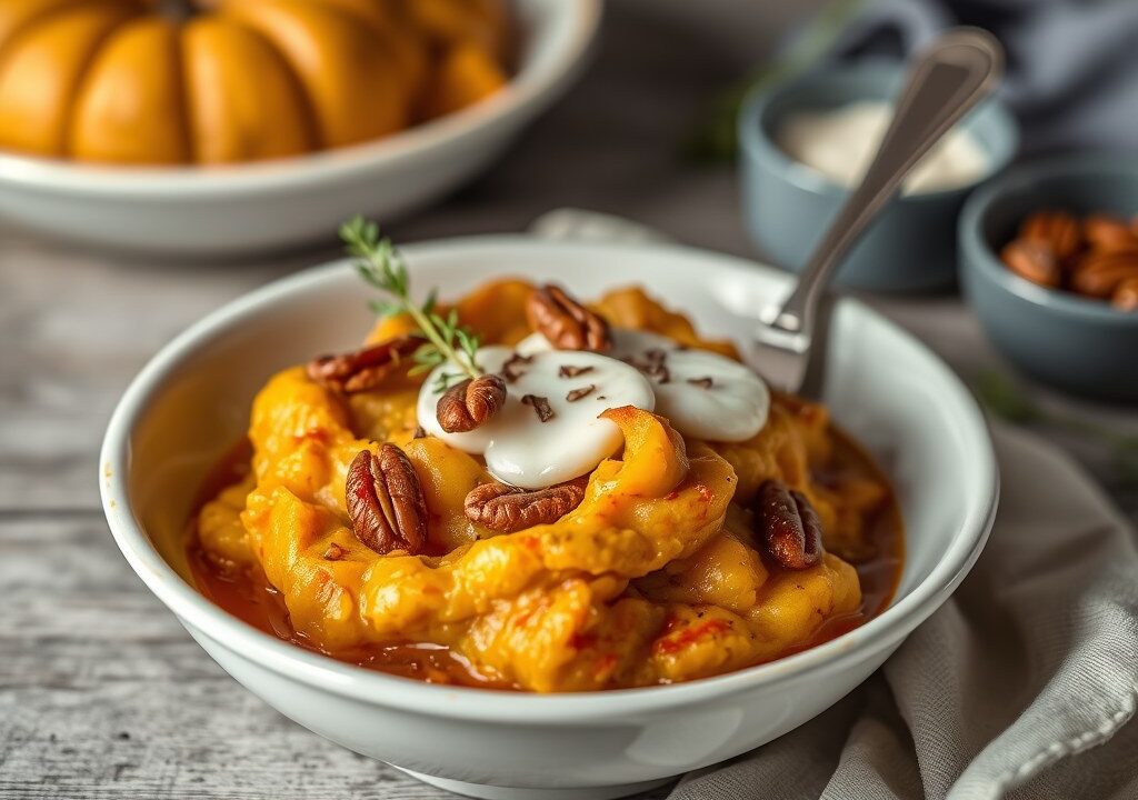 Pastinaak pompoen stamppot met chili, pecannoten en mozzarella — AI-gegenereerde illustratie