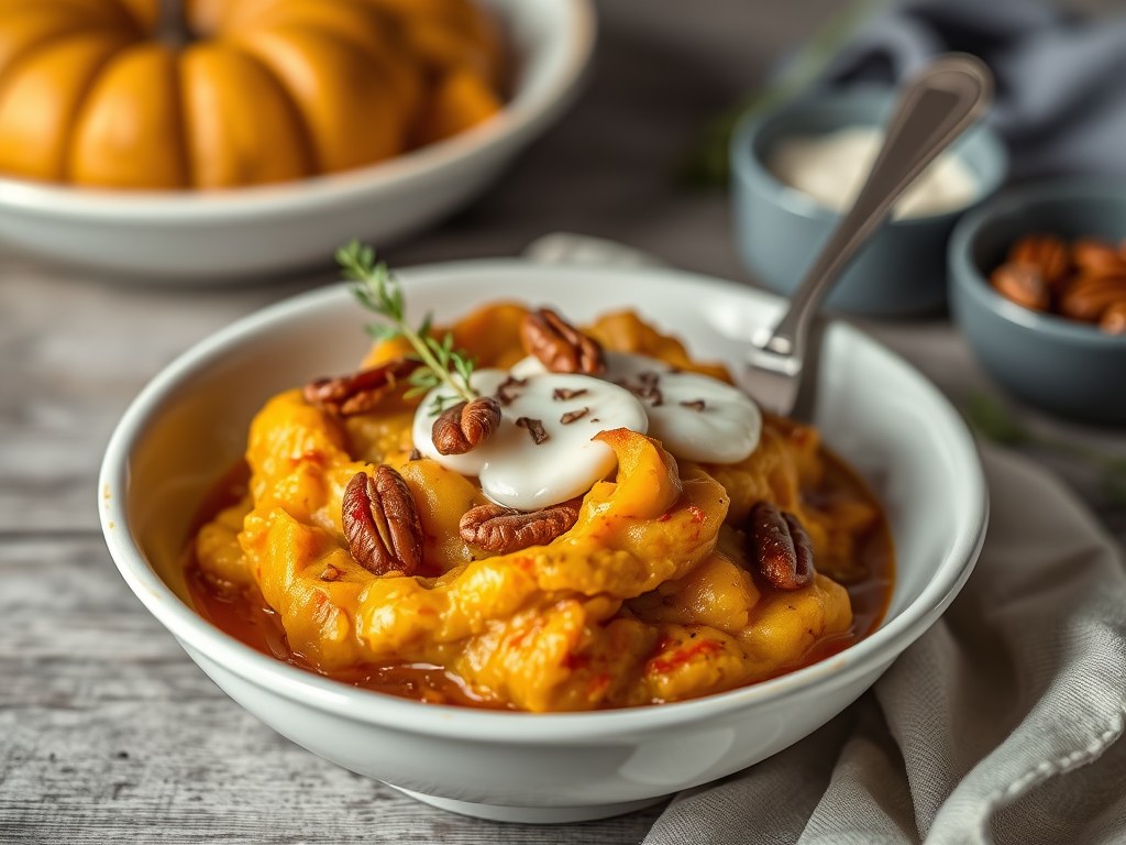 Pastinaak pompoen stamppot met chili, pecannoten en mozzarella, AI-gegenereerde illustratie