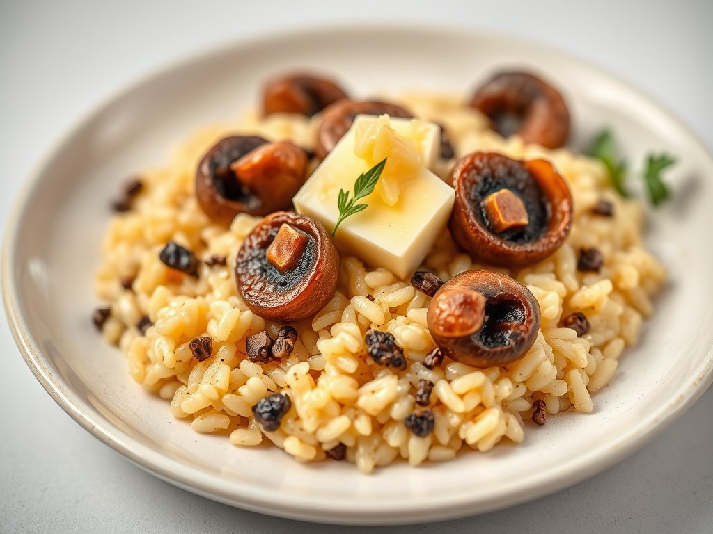 Patrijs met risotto van boschampignons, AI-gegenereerde illustratie