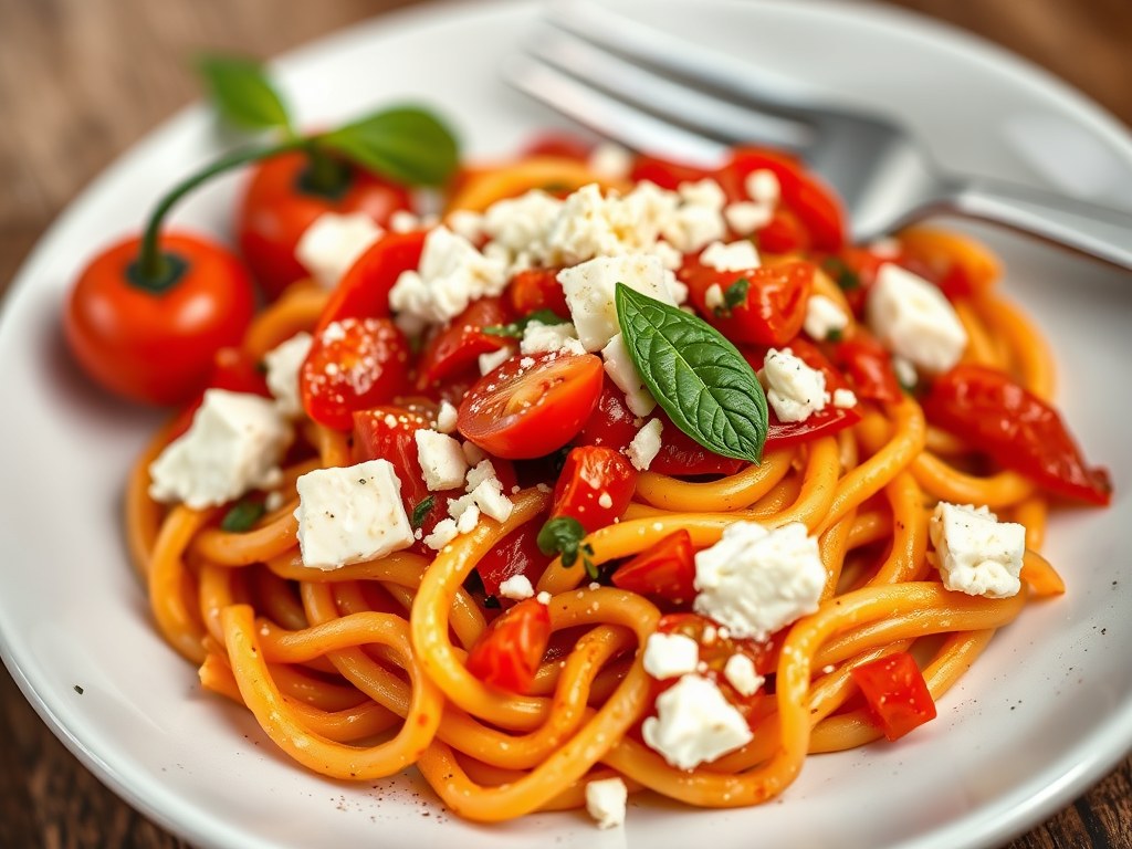 Penne arrabiata met feta, AI-gegenereerde illustratie