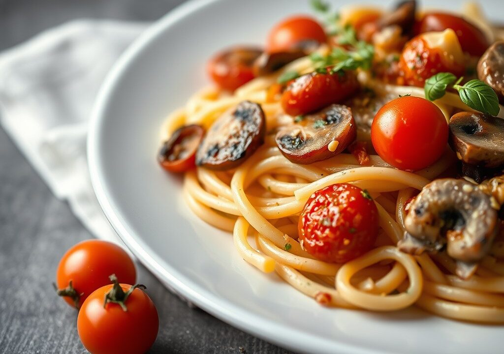 Penne boscaiola met cherrytomaatjes en champignons — AI-gegenereerde illustratie