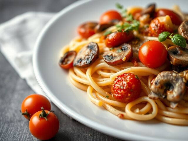 Penne boscaiola met cherrytomaatjes en champignons — AI-gegenereerde illustratie