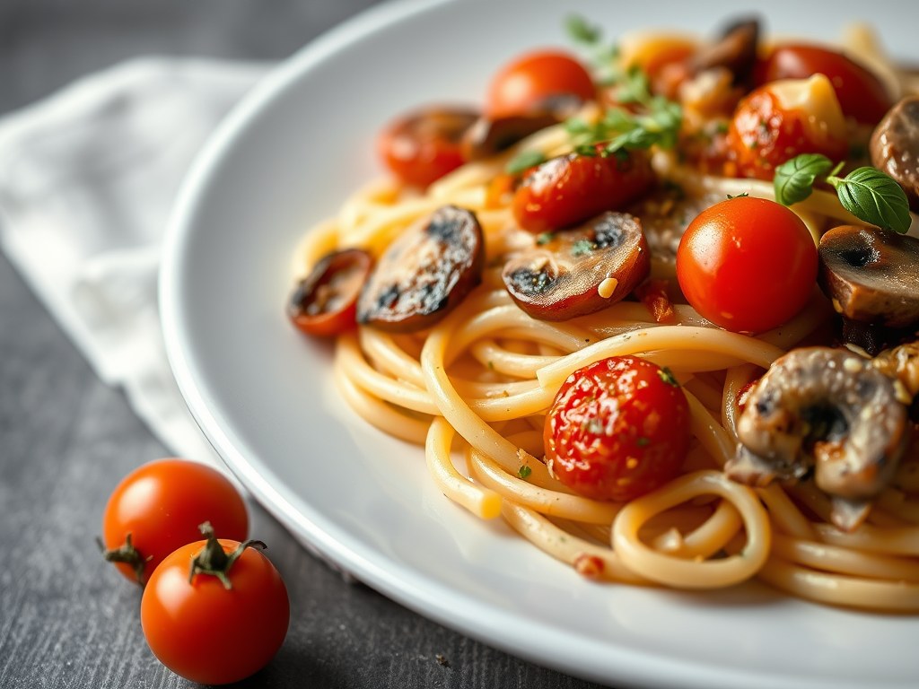Penne boscaiola met cherrytomaatjes en champignons, AI-gegenereerde illustratie