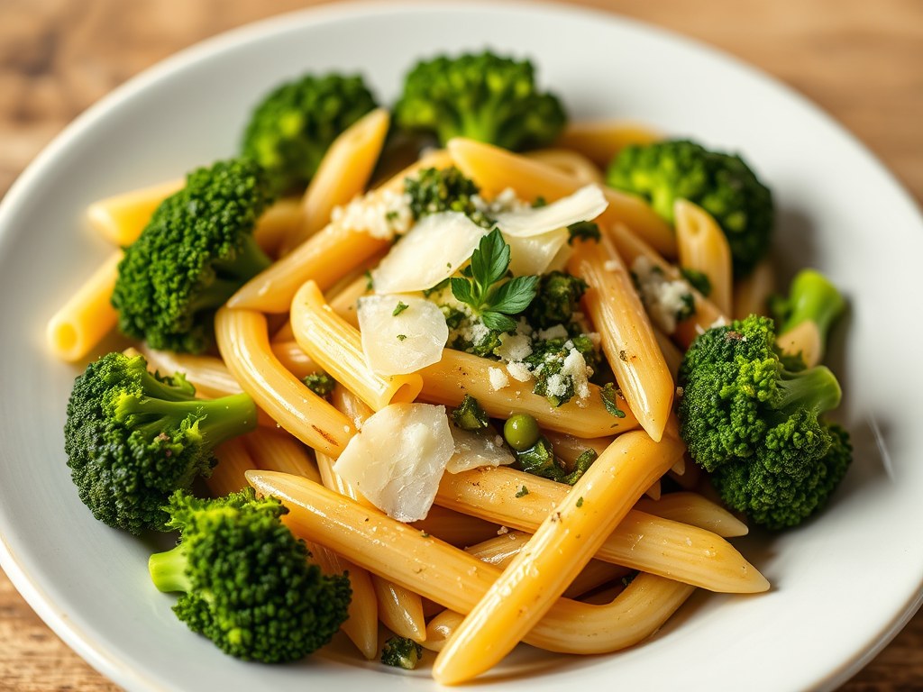 Penne met broccoli, vijgen en provolone, AI-gegenereerde illustratie