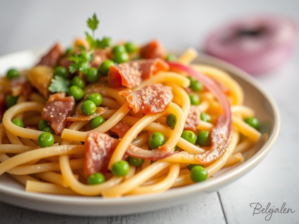 Penne met prosciutto en kabeljauw, AI-gegenereerde illustratie