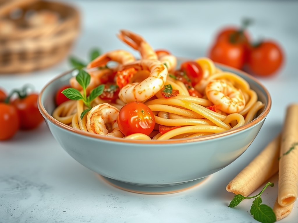 Penne met scampi’s, AI-gegenereerde illustratie
