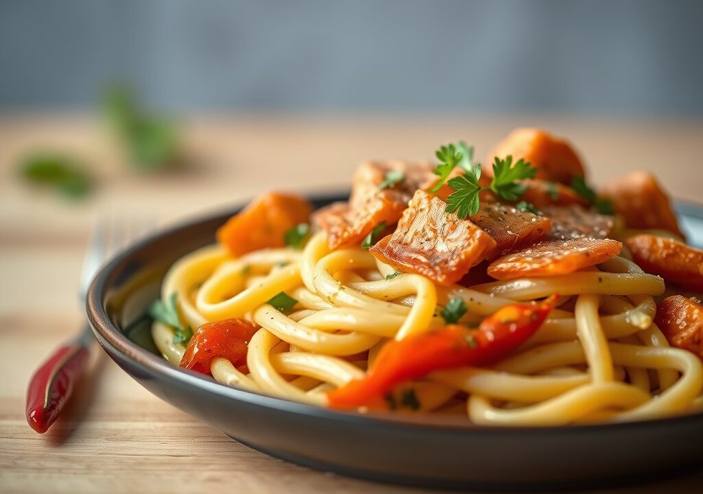 Penne met spekjes, zalm en paprika-pesto saus — AI-gegenereerde illustratie