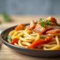 Penne met spekjes, zalm en paprika-pesto saus