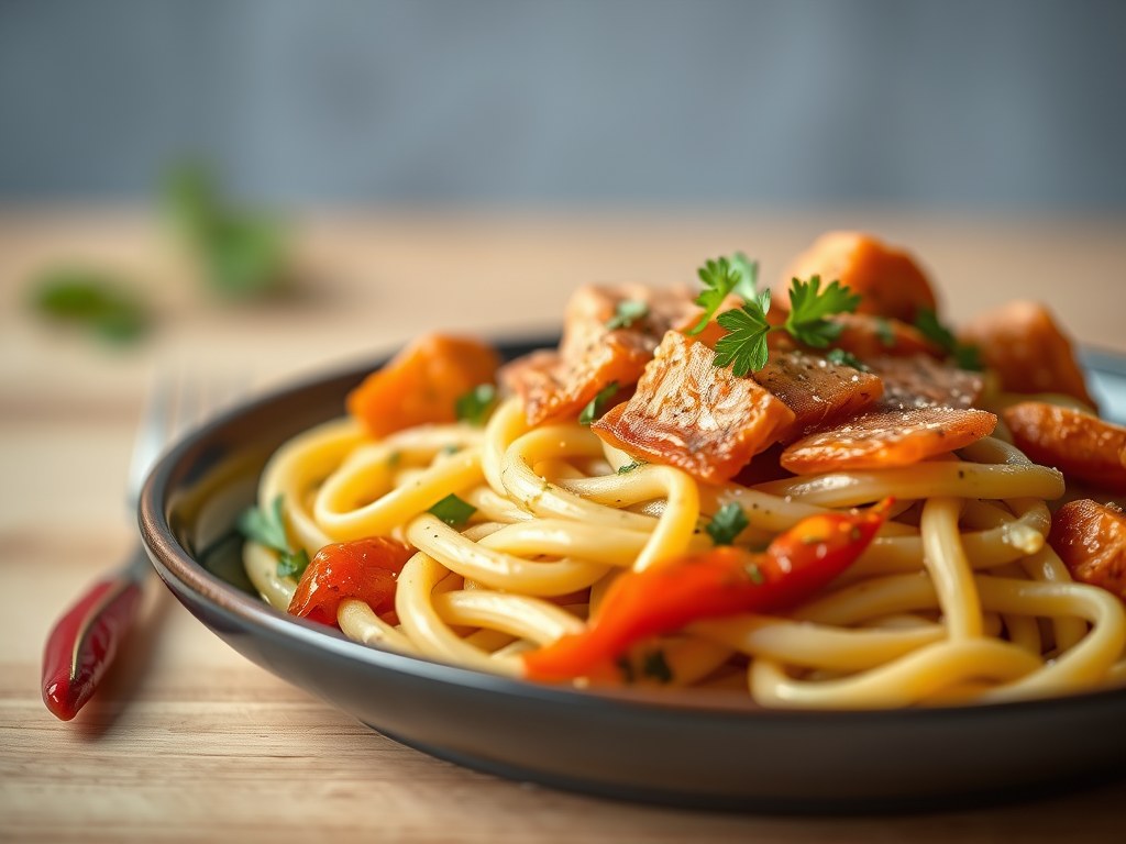 Penne met spekjes, zalm en paprika-pesto saus, AI-gegenereerde illustratie